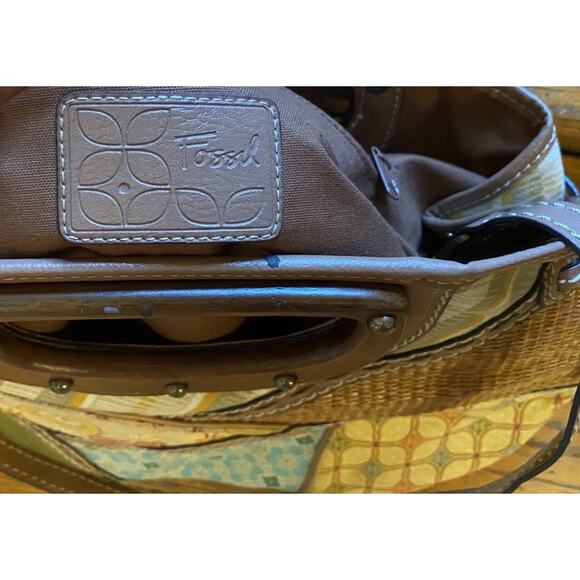 Fossil Patchwork Purse Canvas Rattan Wood Handle Detachable Leather Strap Pocket - Picture 4 of 11